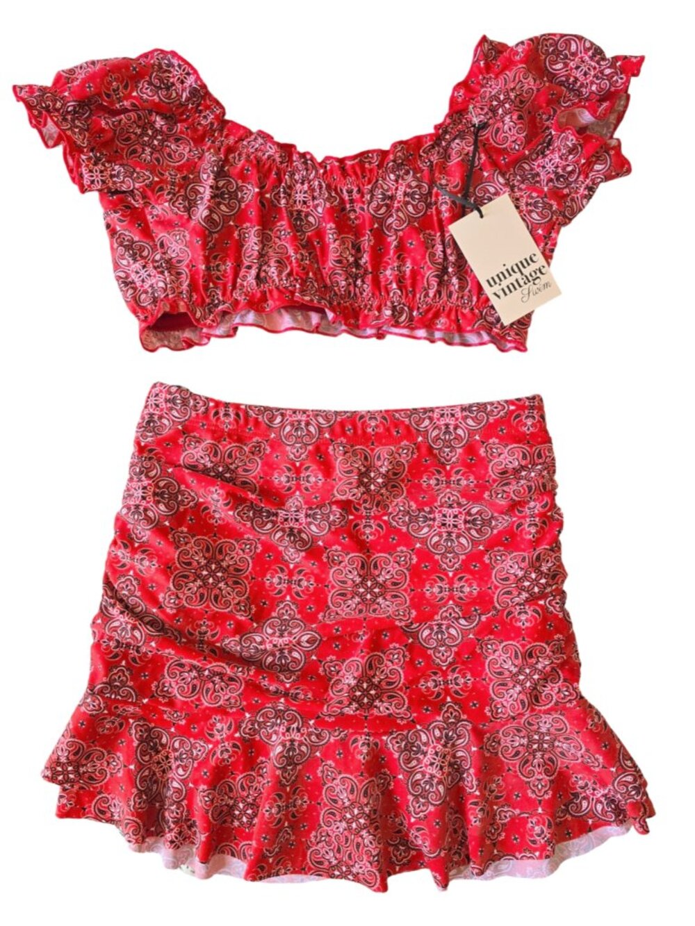 Unique Vintage NWT Size M Red Bandana Print Alice Swim Skirt & Top Two Piece - Picture 3 of 8